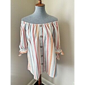 Cato Women's Size Medium Striped Linen Blend Off Shoulder Short Sleeve Top
